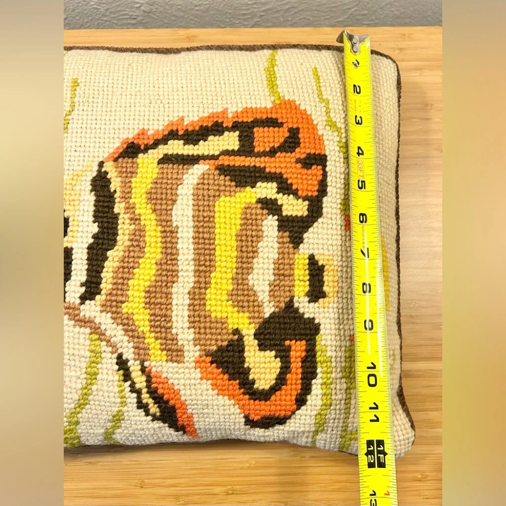 Vintage Needlepoint Tropical Fish Corduroy Handmade Cross Stitch Pillow 12 x 12